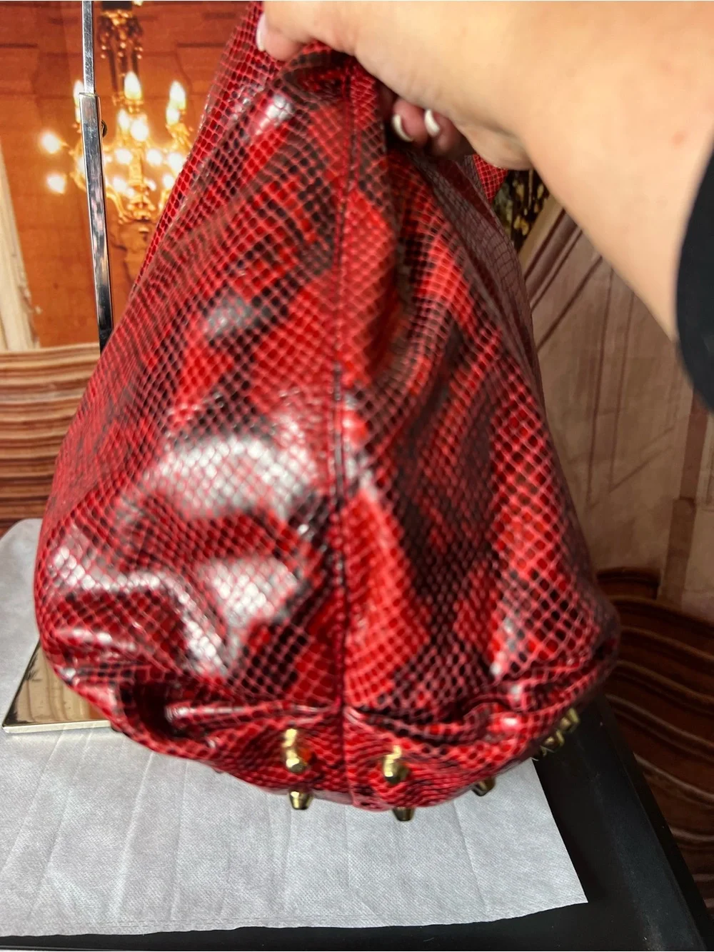 Worth New York Red Studded Snake Print Genuine Leather Shoulder Bag 🔥 Hobo